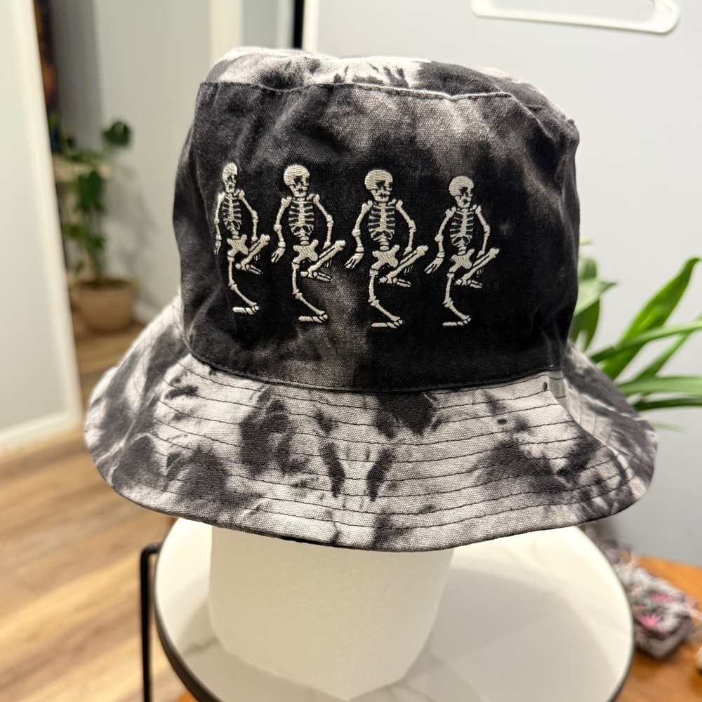 unisex Disney Silly Symphony Skeleton Dance Black and Gray Tie-Dye Bucket Hat